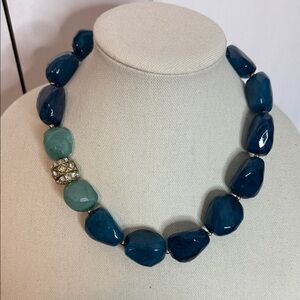 Blue and Green Faceted Beaded Necklace - light - Rhinestone focal bead